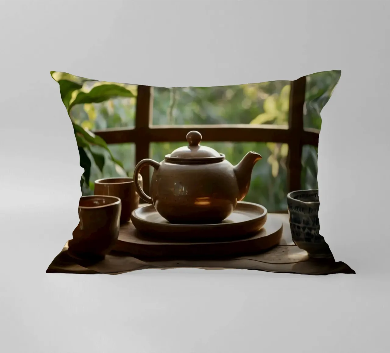 serene tea setup on a wooden table surrounded by lush green decorative cushion by DesignDoodle