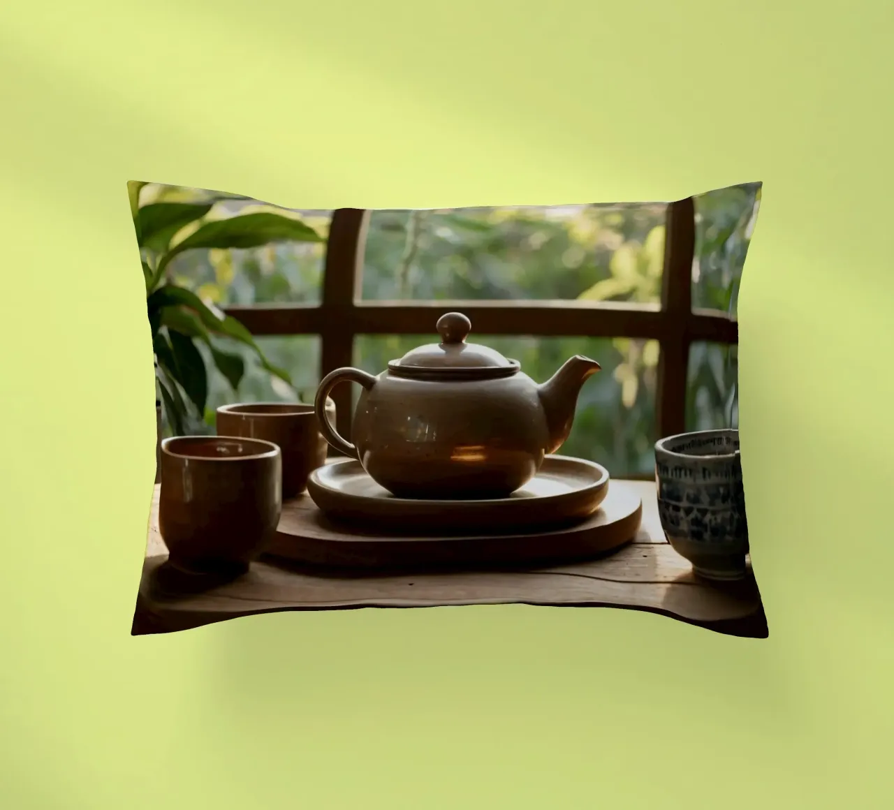 serene tea setup on a wooden table surrounded by lush green decorative cushion by DesignDoodle