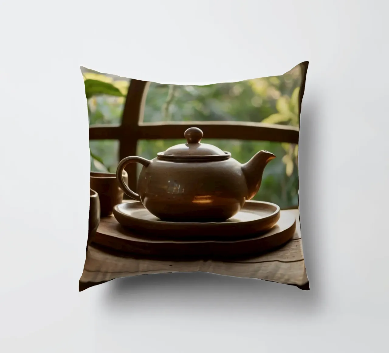 serene tea setup on a wooden table surrounded by lush green decorative cushion by DesignDoodle