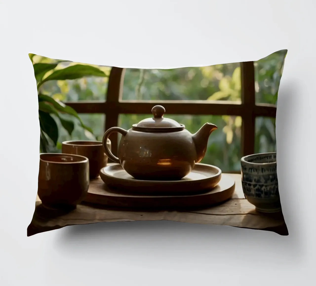 serene tea setup on a wooden table surrounded by lush green decorative cushion by DesignDoodle