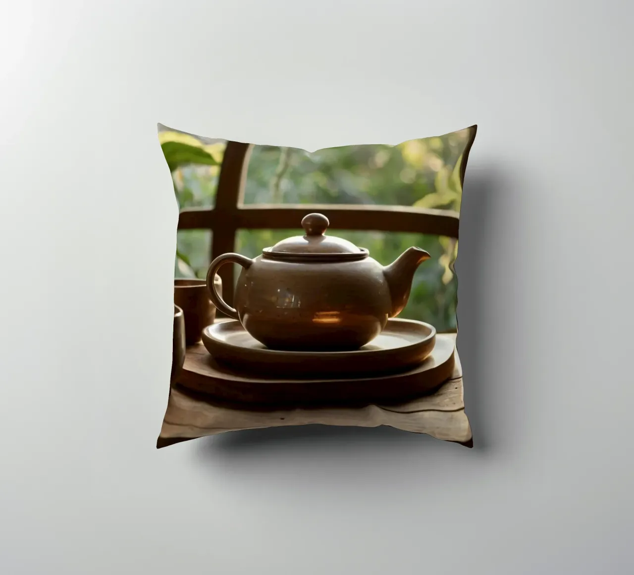 serene tea setup on a wooden table surrounded by lush green decorative cushion by DesignDoodle