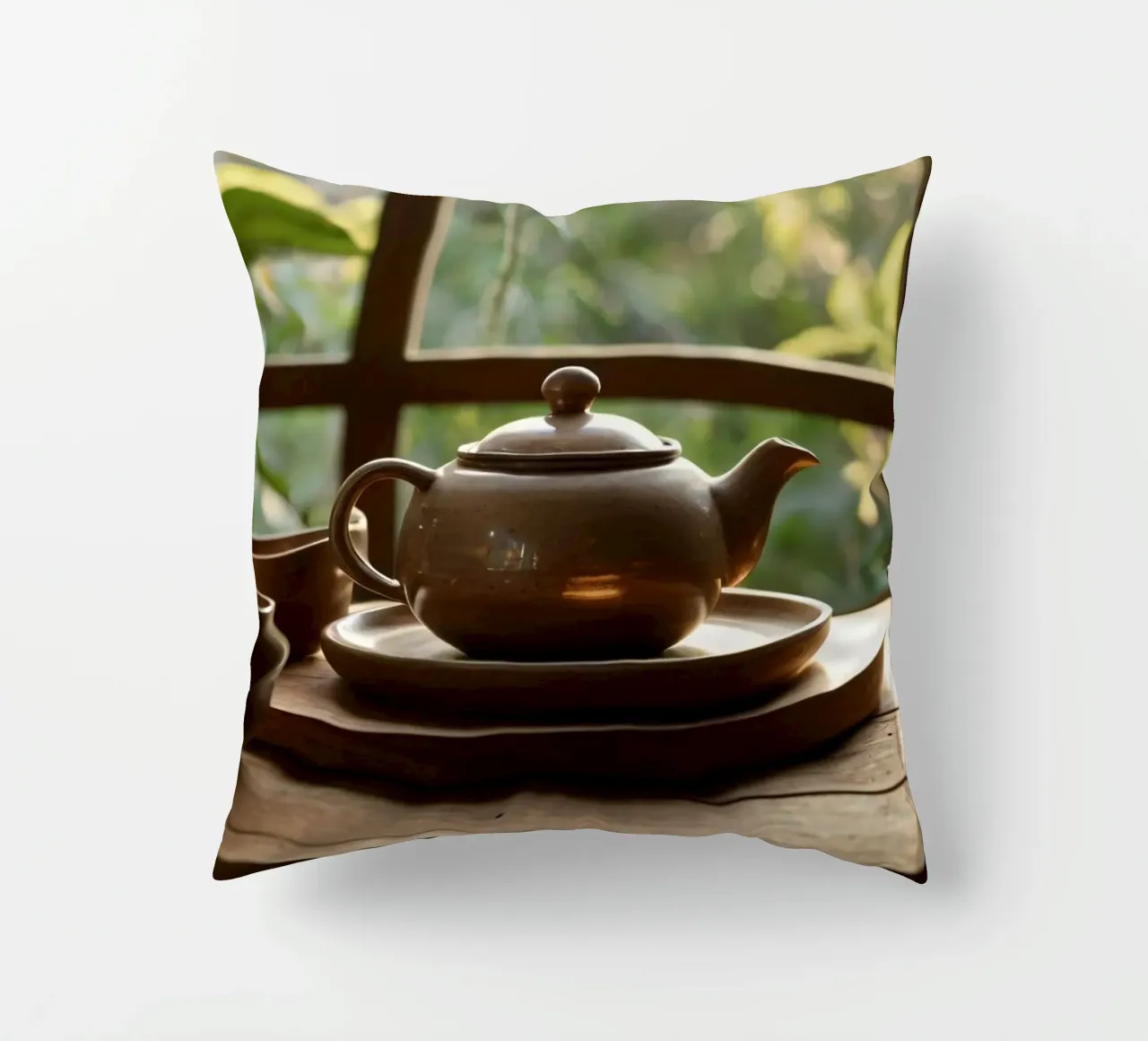 serene tea setup on a wooden table surrounded by lush green decorative cushion by DesignDoodle