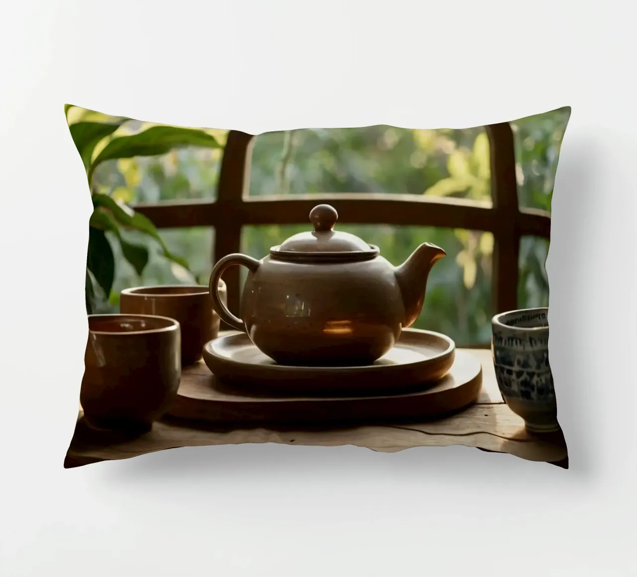 serene tea setup on a wooden table surrounded by lush green decorative cushion by DesignDoodle