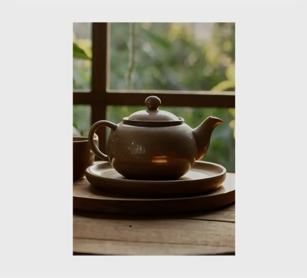 serene tea setup on a wooden table surrounded by lush green notebook by DesignDoodle