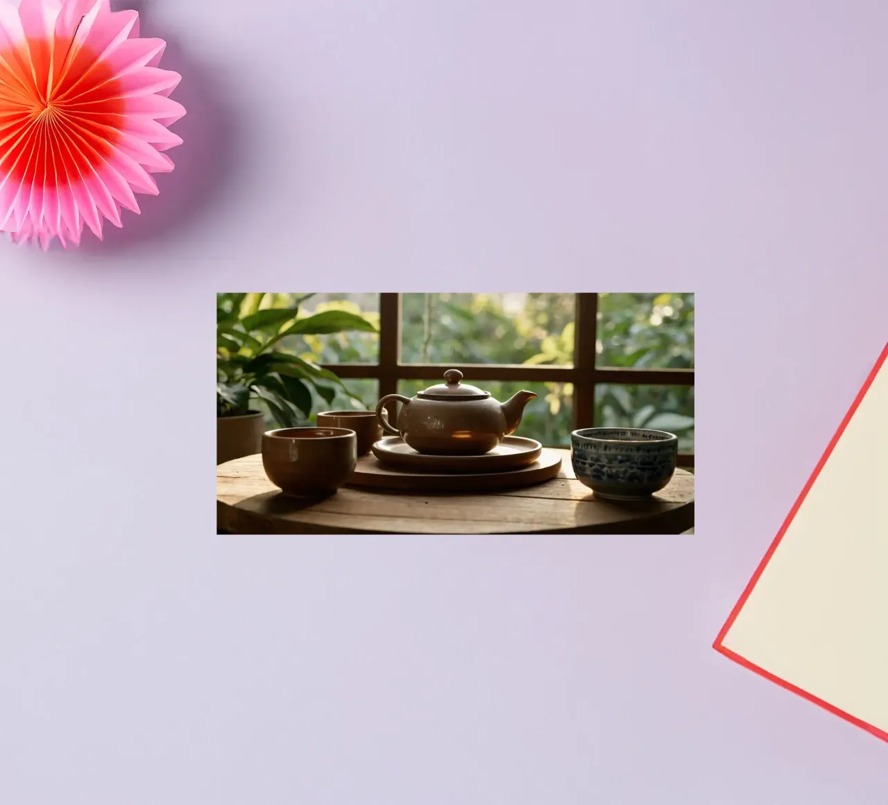 serene tea setup on a wooden table surrounded by lush green sticker by DesignDoodle