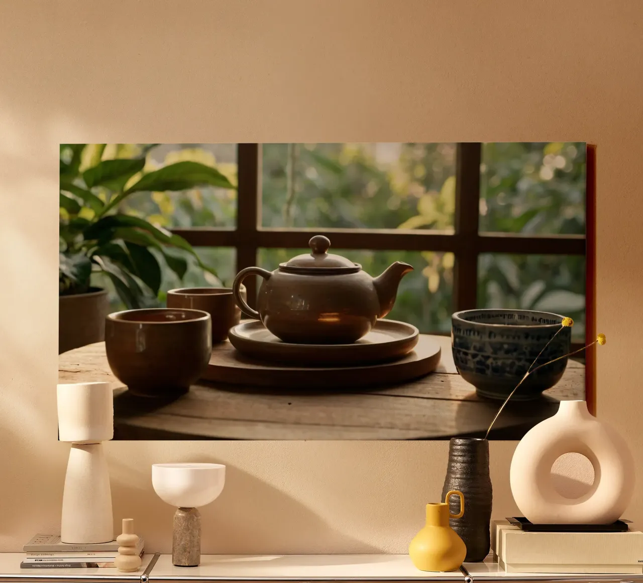 serene tea setup on a wooden table surrounded by lush green canvas by DesignDoodle