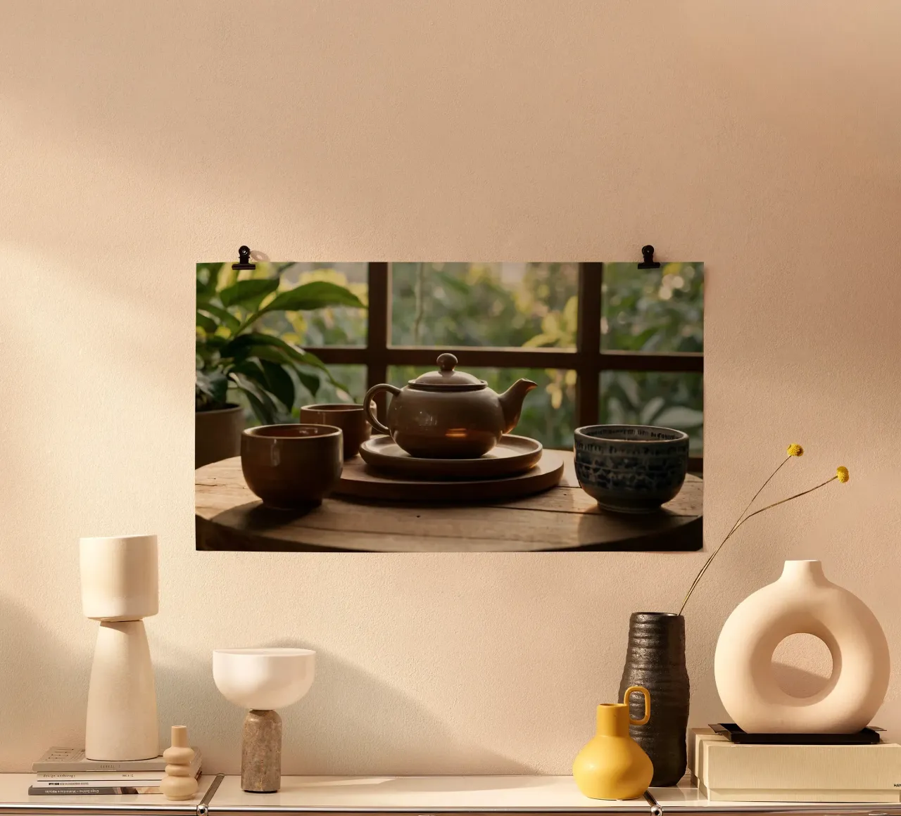 serene tea setup on a wooden table surrounded by lush green hahnemühle by DesignDoodle