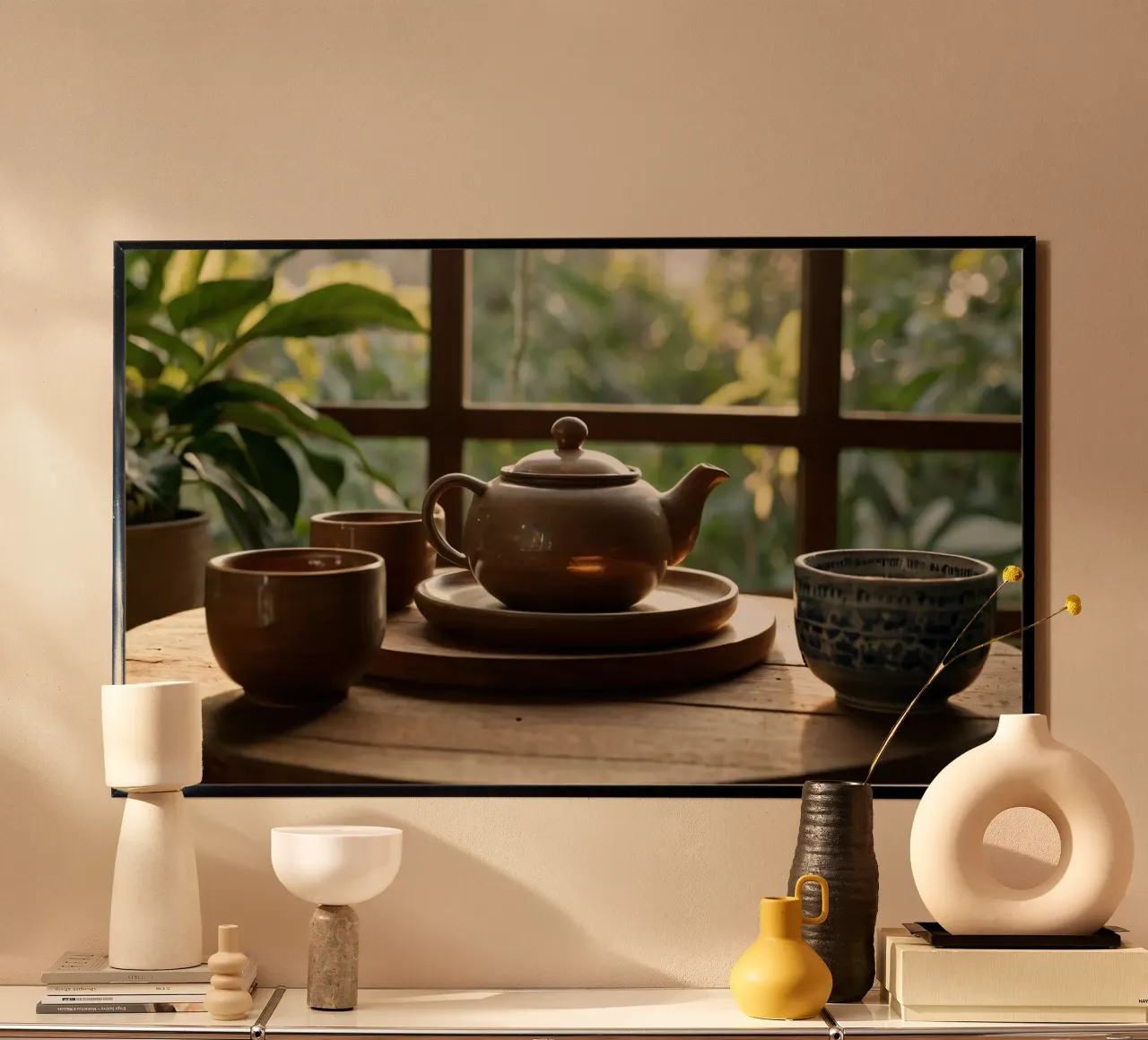 serene tea setup on a wooden table surrounded by lush green hahnemühle by DesignDoodle