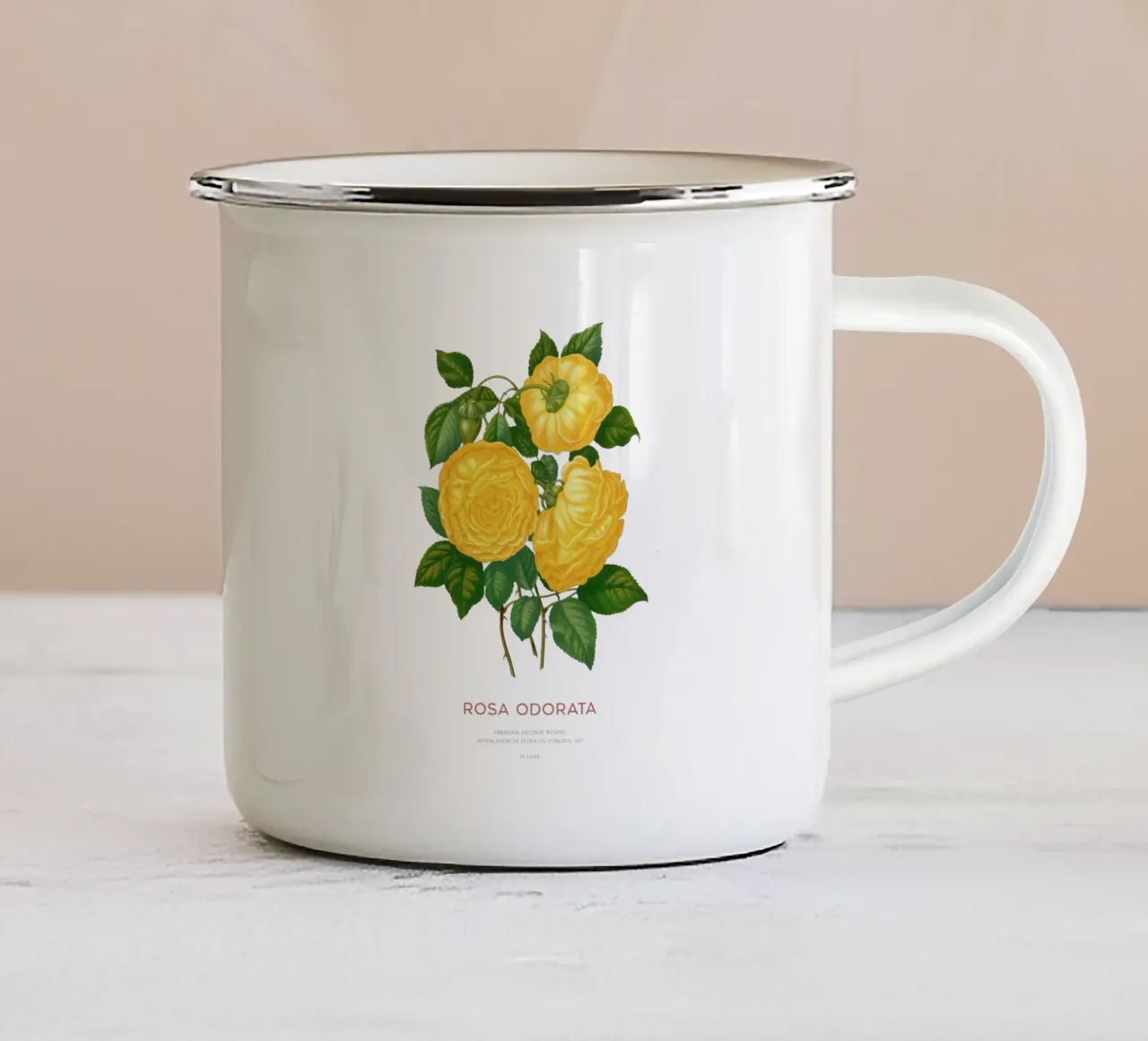 Rosa Marechal Niel o Rosa odorata tazza in smalto da Vintagrafica