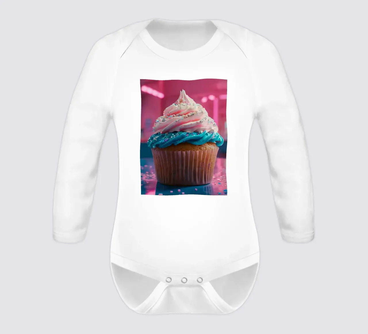 colorful cupcake with swirls of frosting and sprinkles long-sleeve baby romper by DesignDoodle
