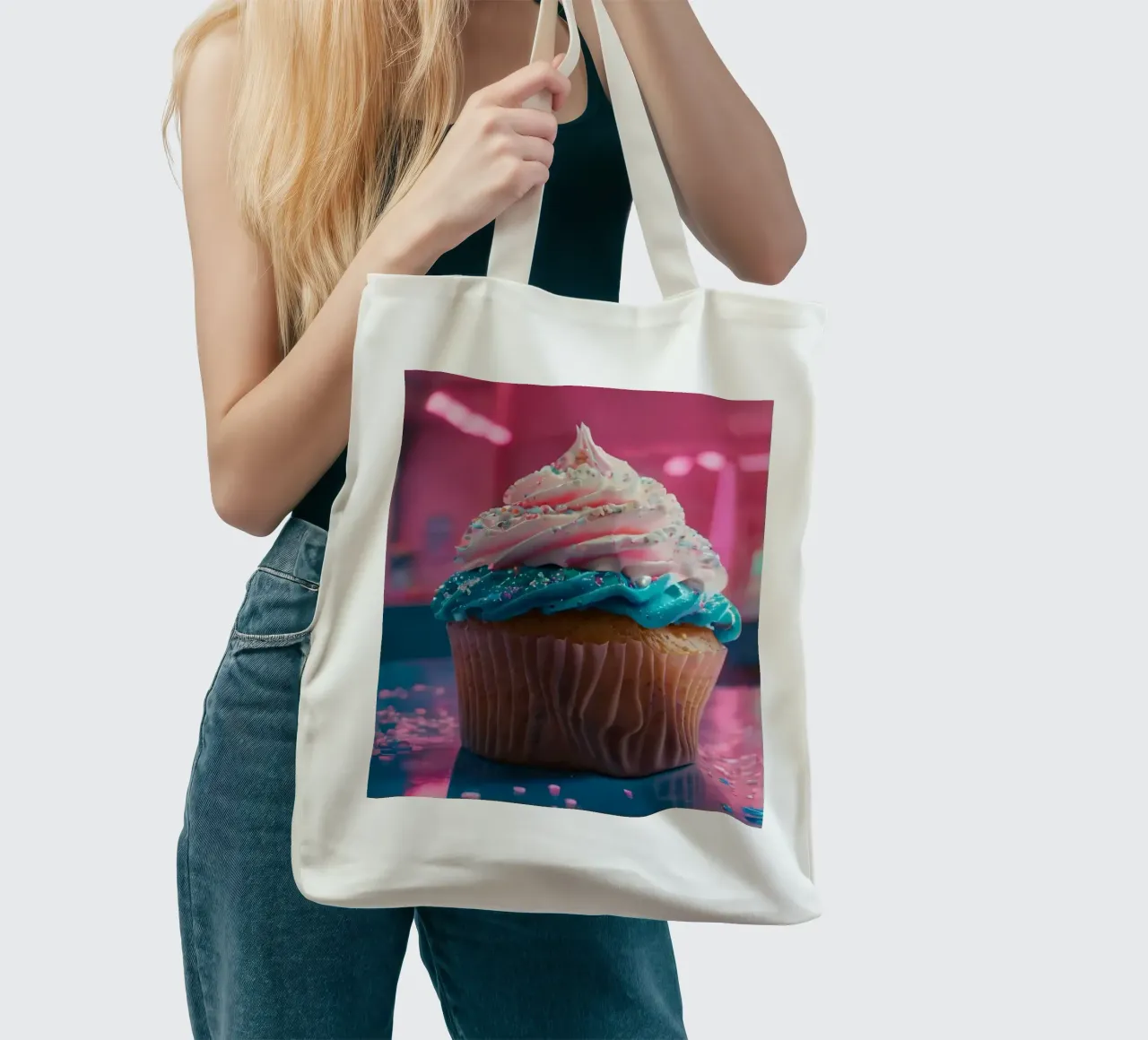 colorful cupcake with swirls of frosting and sprinkles tote bag by DesignDoodle