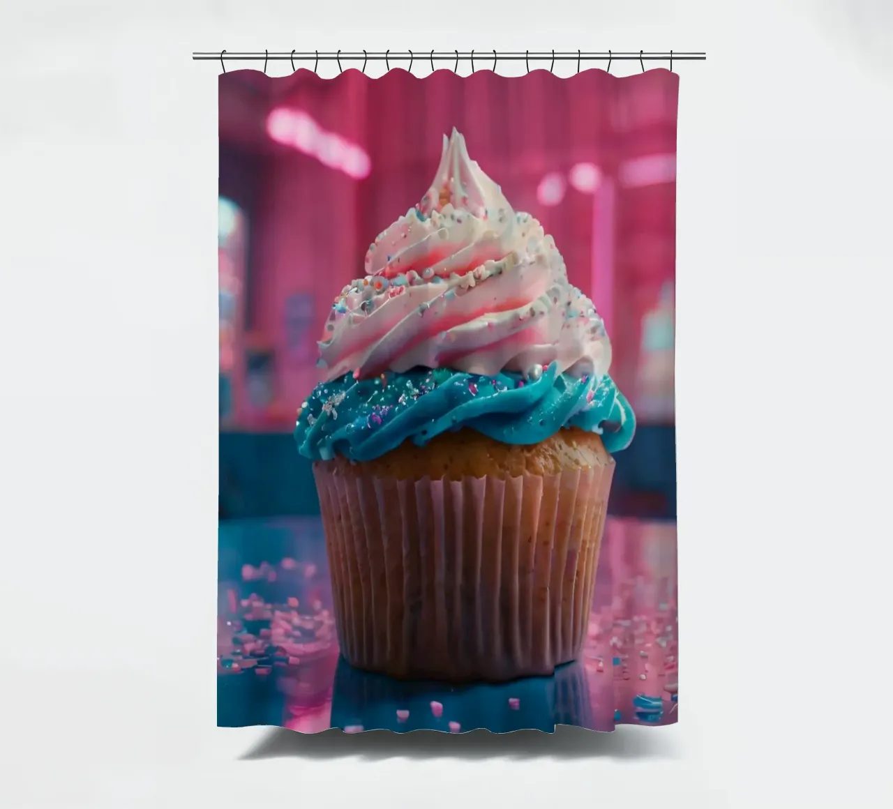 cupcake coloré avec des tourbillons de glaçage et des saupoudrages rideau de douche de DesignDoodle