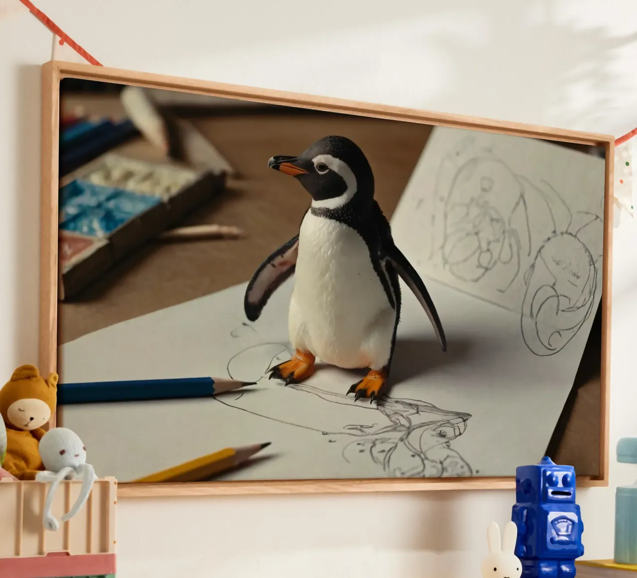 A cute penguin stands on an art table surrounded by sketches canvas with Floater frame by DesignDoodle