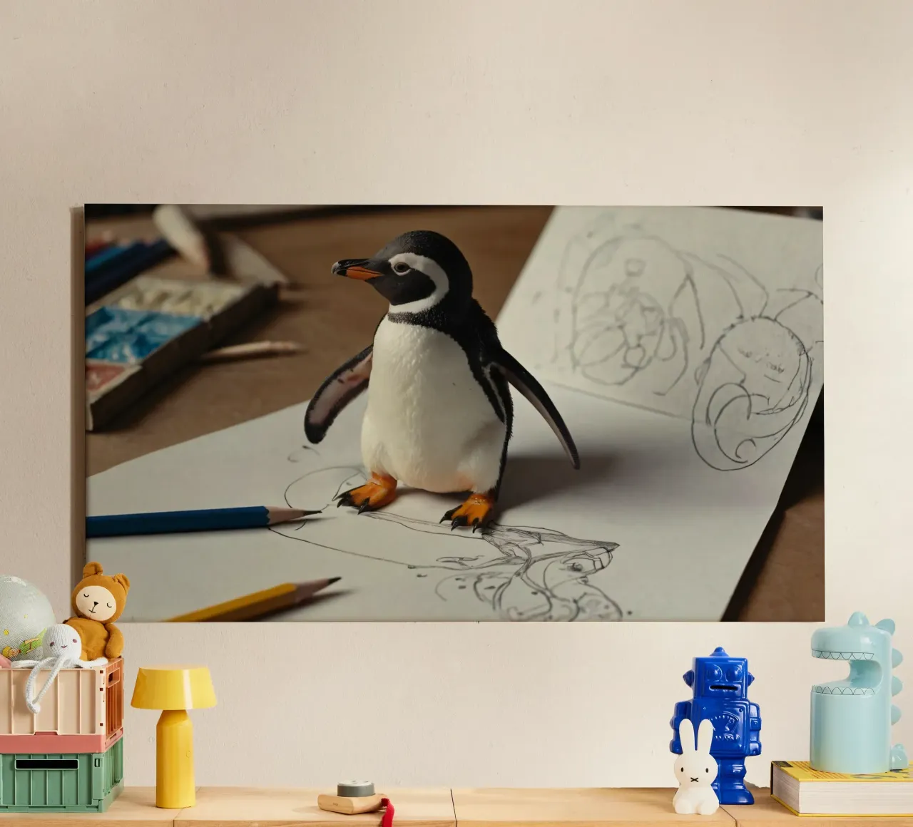 A cute penguin stands on an art table surrounded by sketches canvas with Floater frame by DesignDoodle