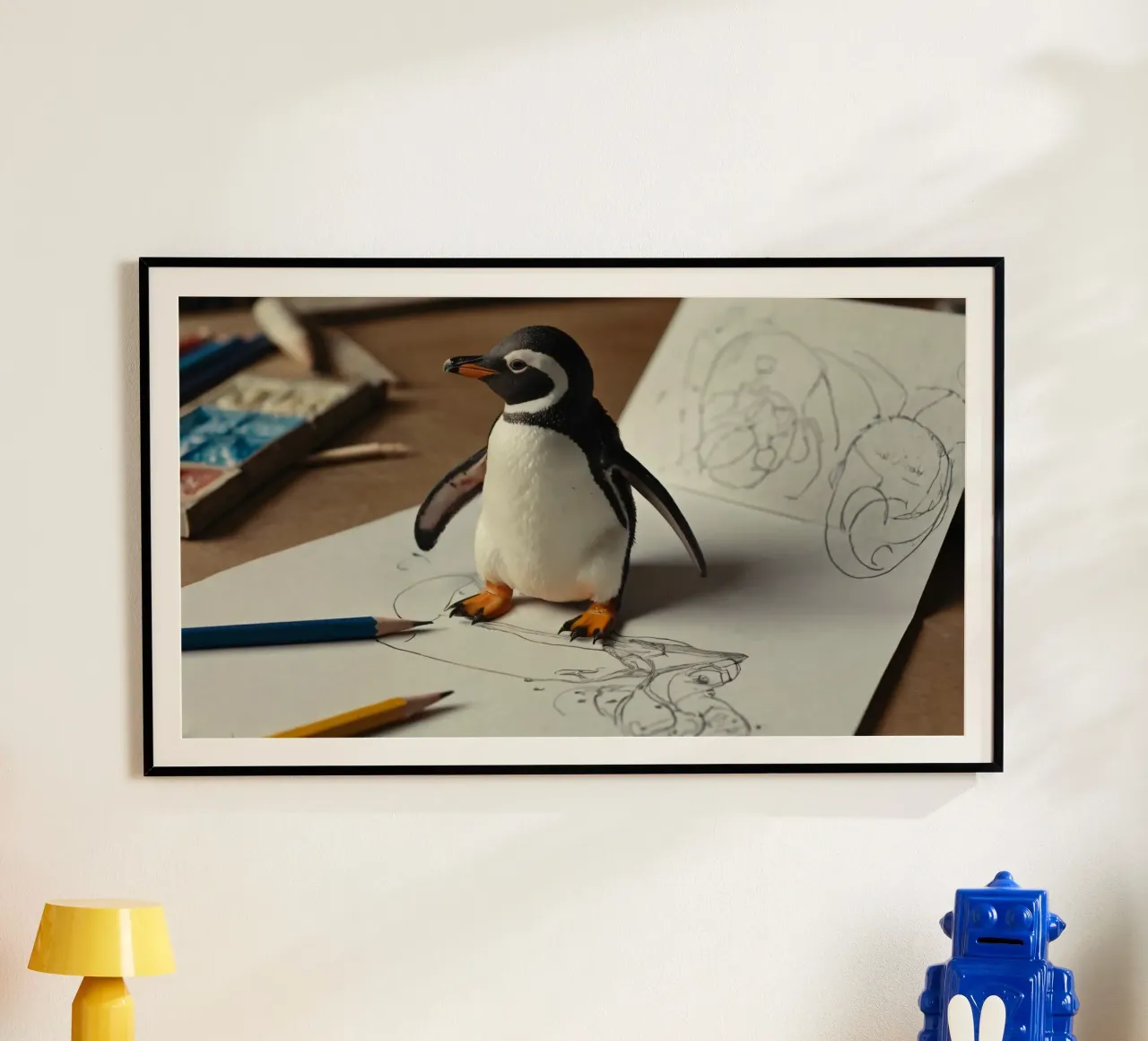 Un mignon pingouin se tient sur une table d'art entouré d'esquisses. poster avec cadre en bois de DesignDoodle