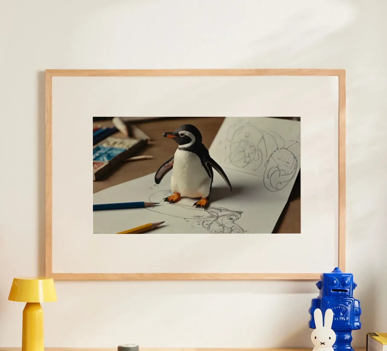 Un mignon pingouin se tient sur une table d'art entouré d'esquisses. poster avec cadre en bois de DesignDoodle