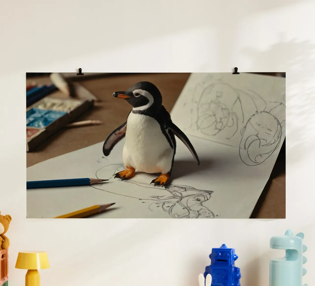 Un mignon pingouin se tient sur une table d'art entouré d'esquisses. poster avec cadre en bois de DesignDoodle