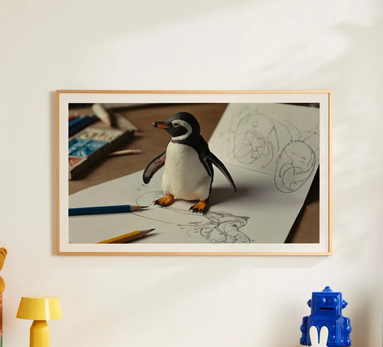 Un mignon pingouin se tient sur une table d'art entouré d'esquisses. poster avec cadre en bois de DesignDoodle