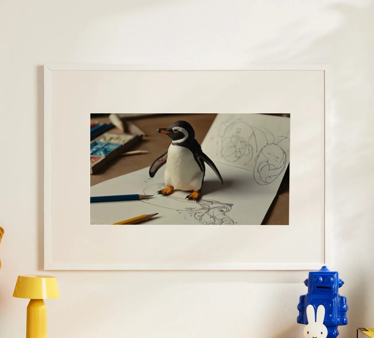 Un mignon pingouin se tient sur une table d'art entouré d'esquisses. poster avec cadre en bois de DesignDoodle