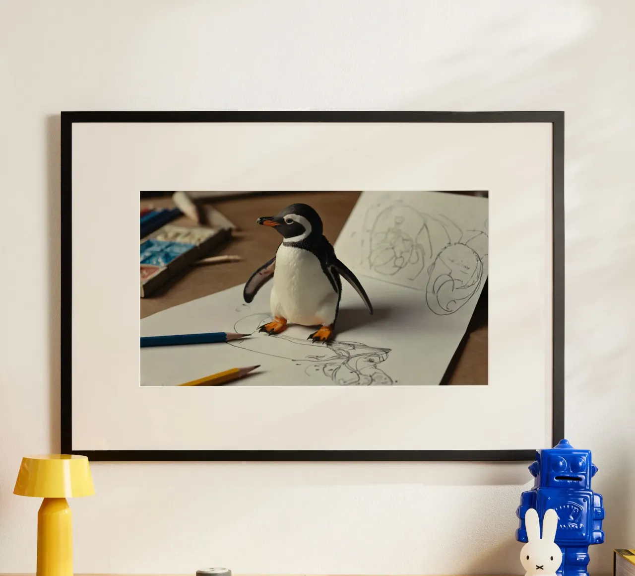 Un mignon pingouin se tient sur une table d'art entouré d'esquisses. poster avec cadre en bois de DesignDoodle