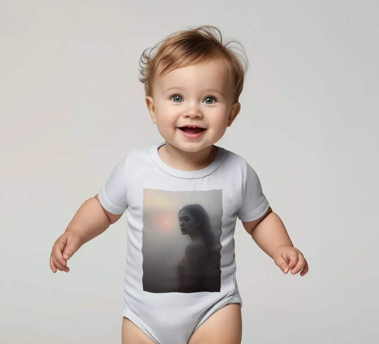 Una donna in piedi in un paesaggio nebbioso all'alba body neonato maniche corte da DesignDoodle