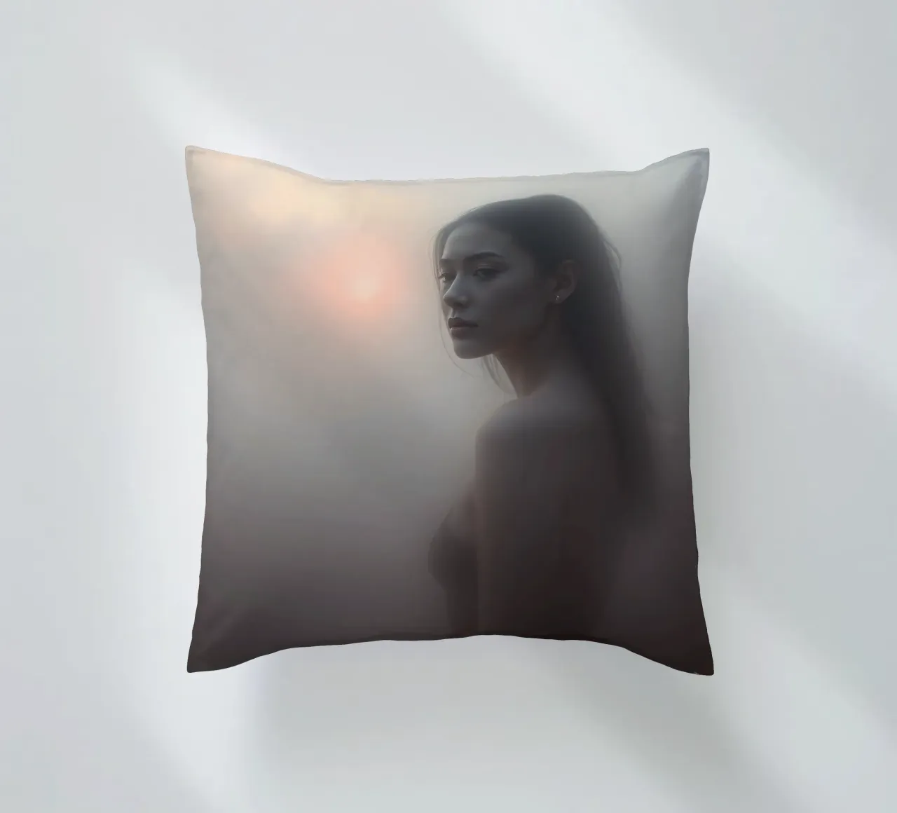 Una donna in piedi in un paesaggio nebbioso all'alba cuscino da DesignDoodle