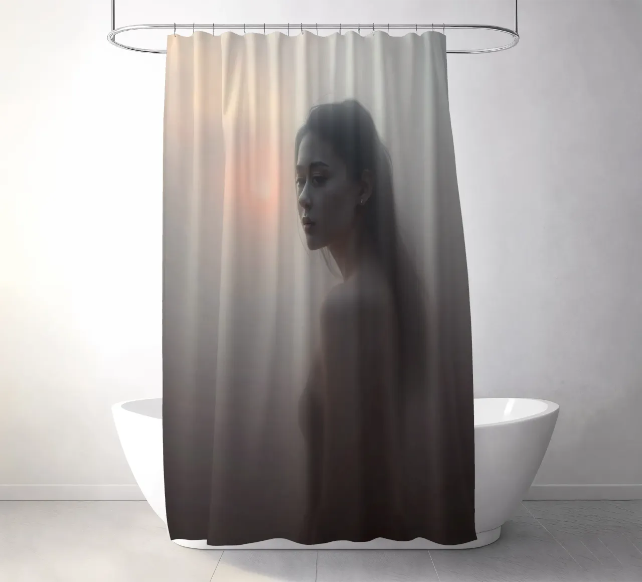 Una donna in piedi in un paesaggio nebbioso all'alba tenda da doccia da DesignDoodle