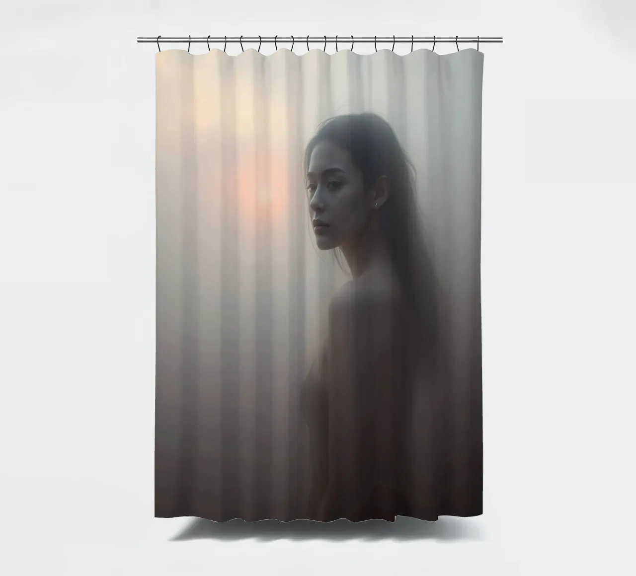 Una donna in piedi in un paesaggio nebbioso all'alba tenda da doccia da DesignDoodle