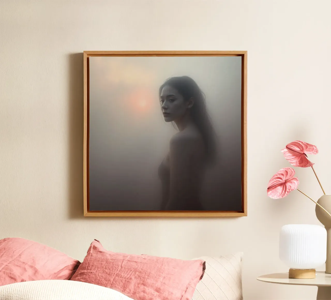 Una donna in piedi in un paesaggio nebbioso all'alba tela con Cornice a cassetta da DesignDoodle