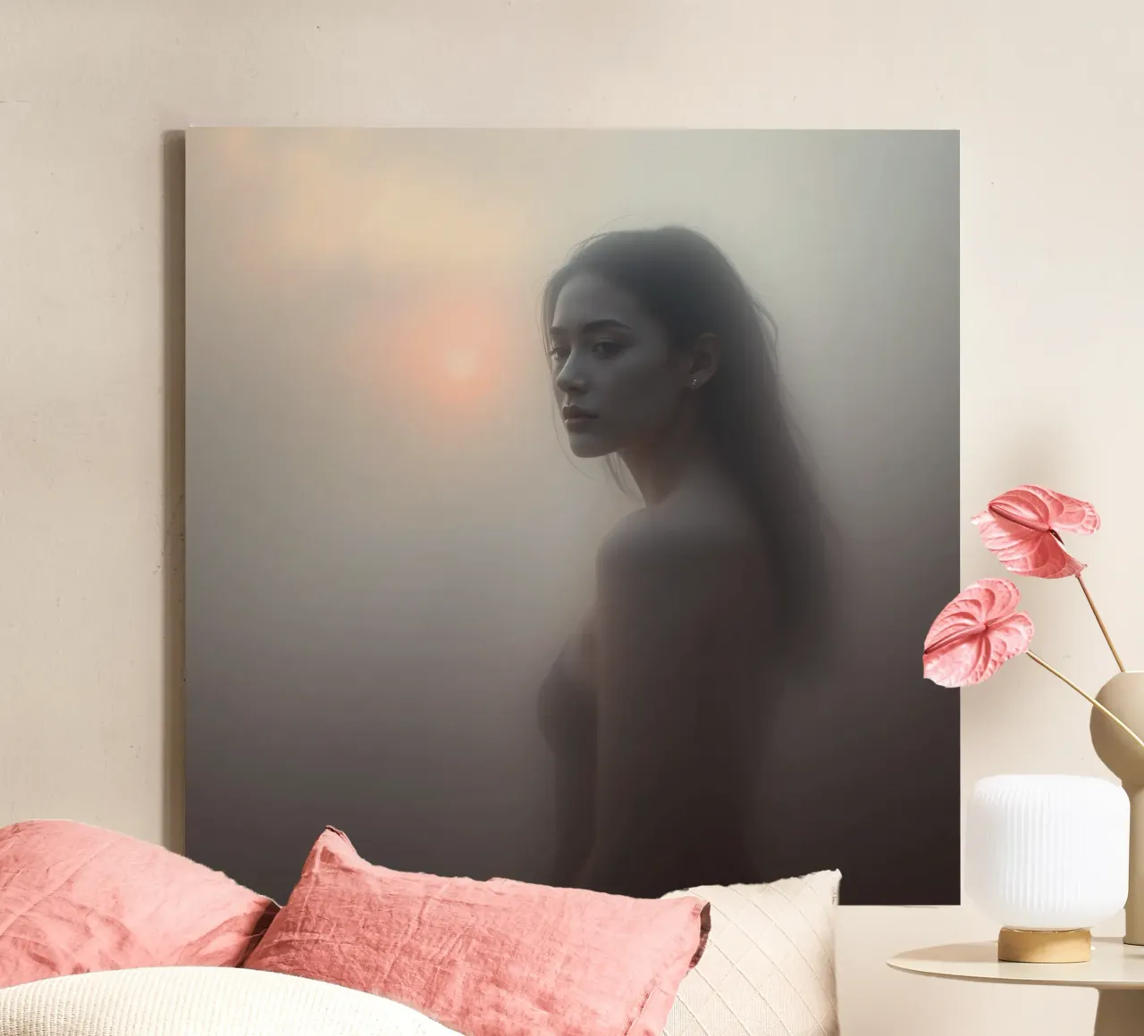 Una donna in piedi in un paesaggio nebbioso all'alba tela con Cornice a cassetta da DesignDoodle