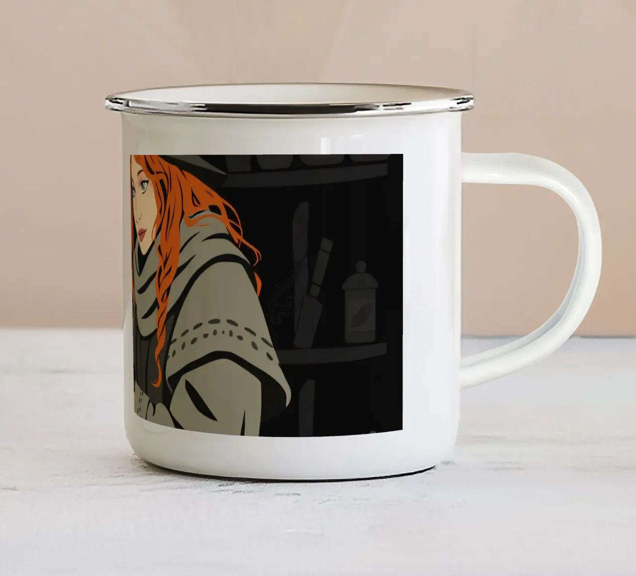 Een jonge heks met felrood haar speelt met haar grijze kat emaille mok van DesignDoodle