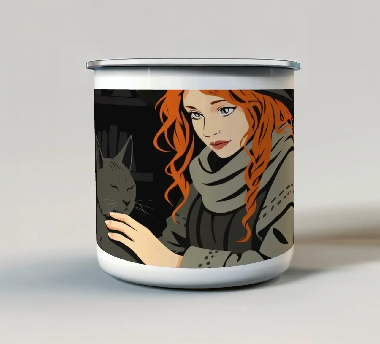 Een jonge heks met felrood haar speelt met haar grijze kat emaille mok van DesignDoodle