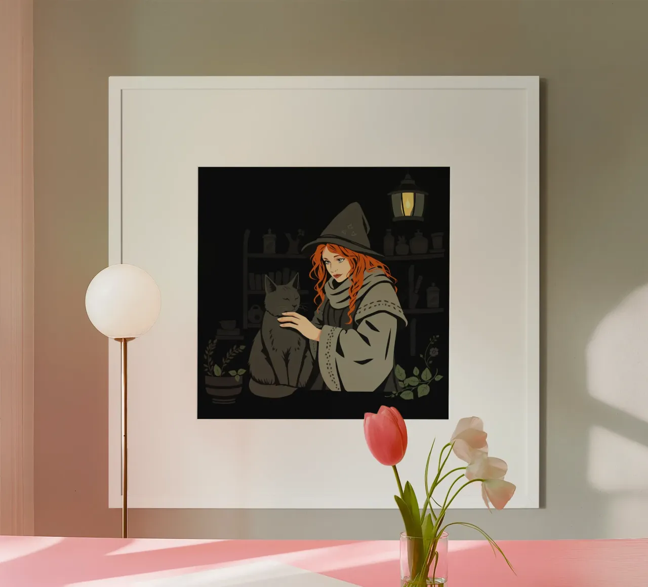 Eine junge Hexe mit leuchtend rotem Haar spielt mit ihrer grauen Katze Poster mit Aluminium Rahmen von DesignDoodle