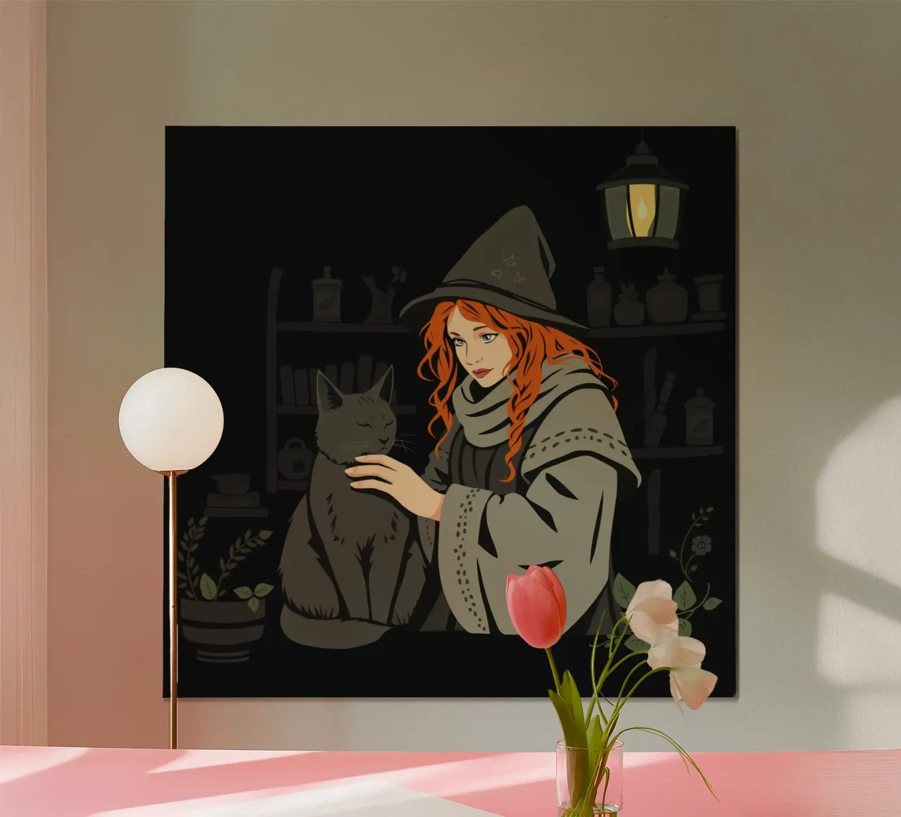 Eine junge Hexe mit leuchtend rotem Haar spielt mit ihrer grauen Katze Poster mit Aluminium Rahmen von DesignDoodle