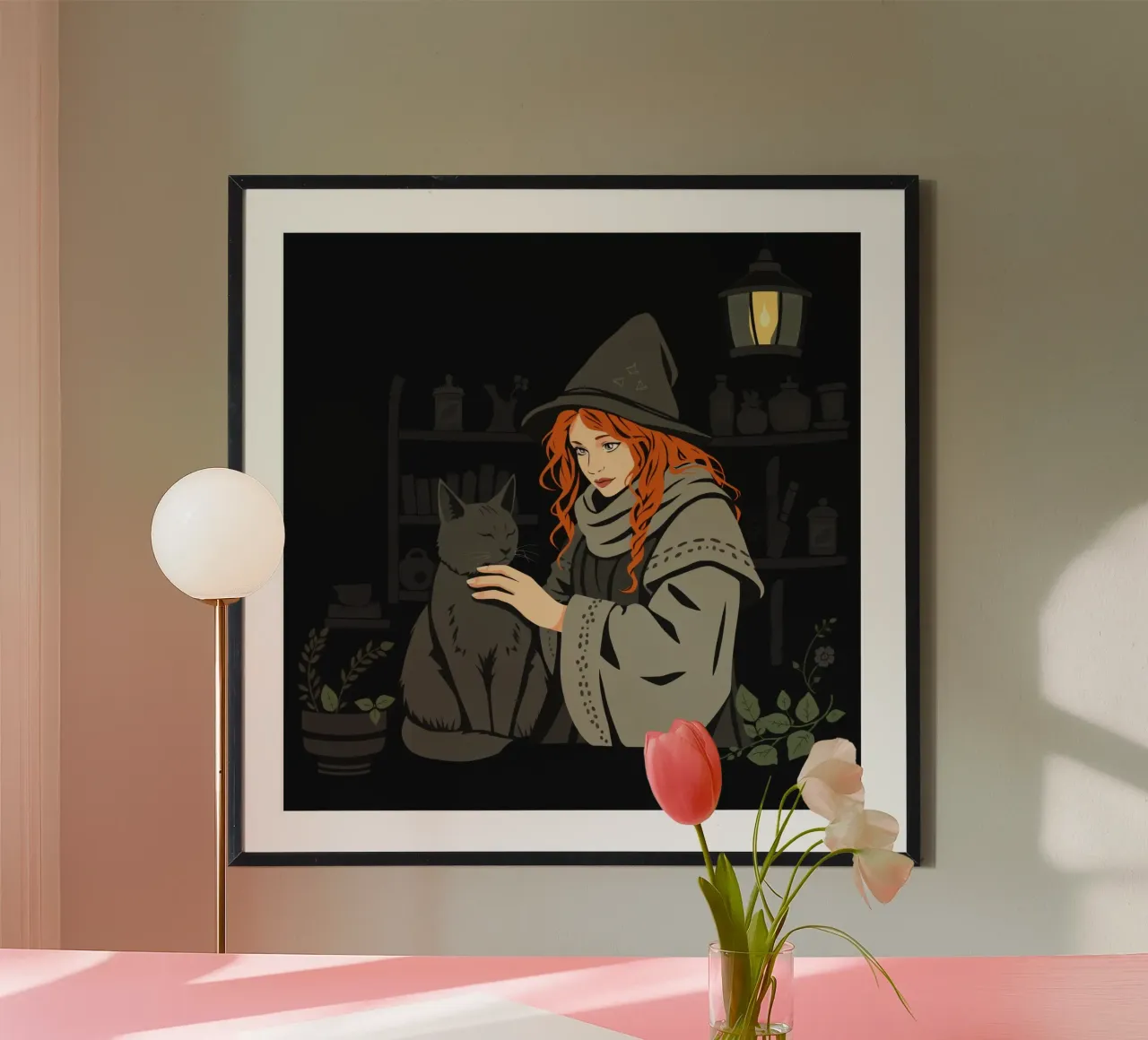 Eine junge Hexe mit leuchtend rotem Haar spielt mit ihrer grauen Katze Poster mit Aluminium Rahmen von DesignDoodle