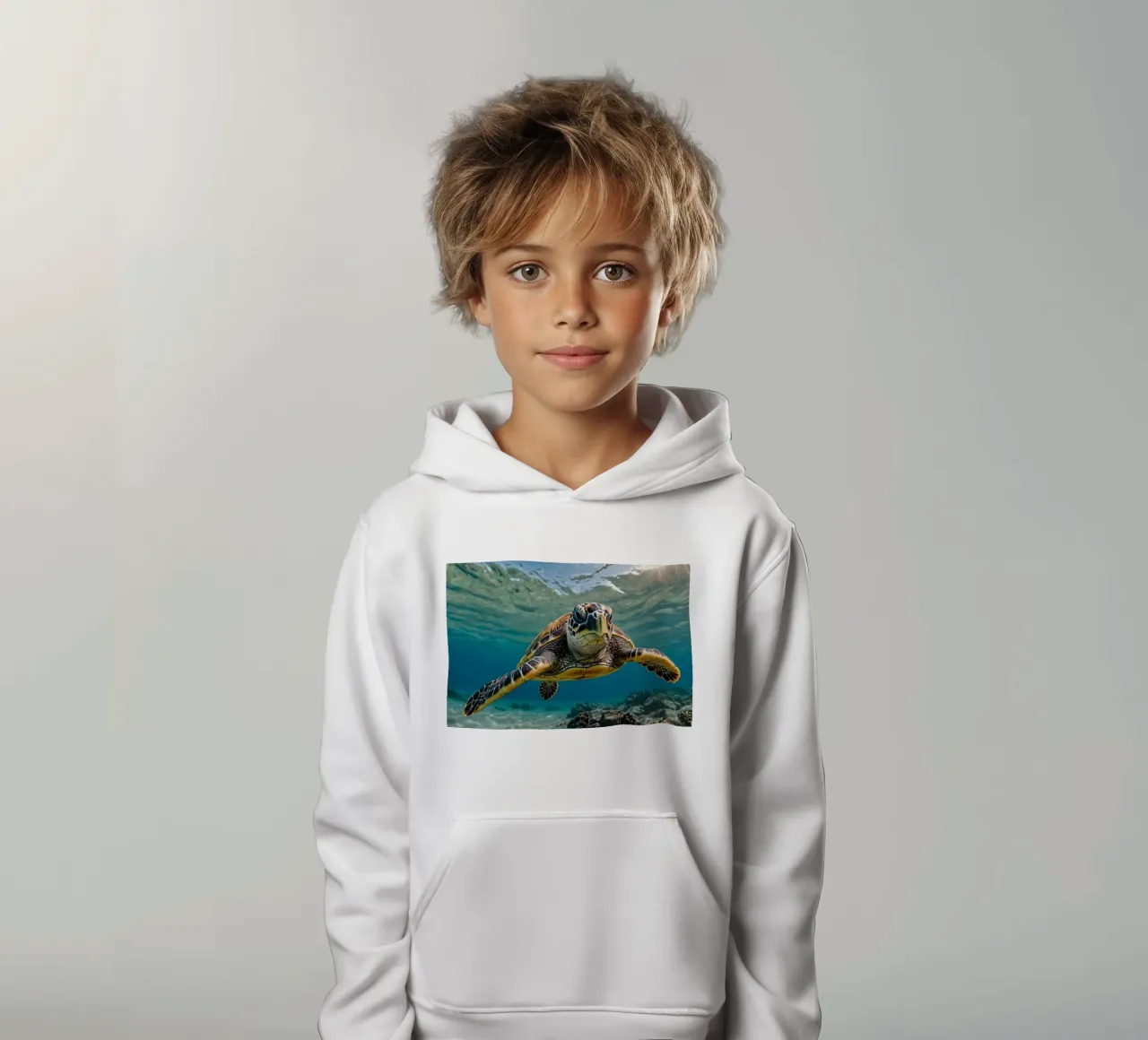 A sea turtle gliding gracefully through clear blue waters kids hoodie by DesignDoodle