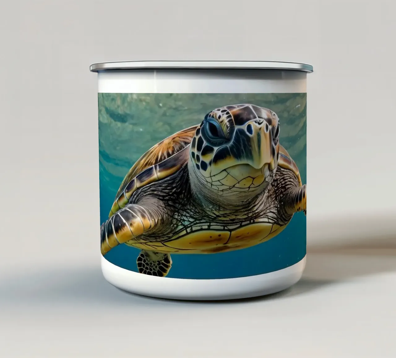 A sea turtle gliding gracefully through clear blue waters enamel mug by DesignDoodle