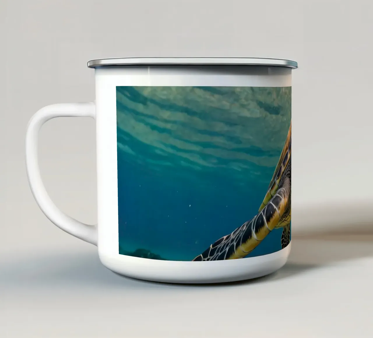 A sea turtle gliding gracefully through clear blue waters enamel mug by DesignDoodle