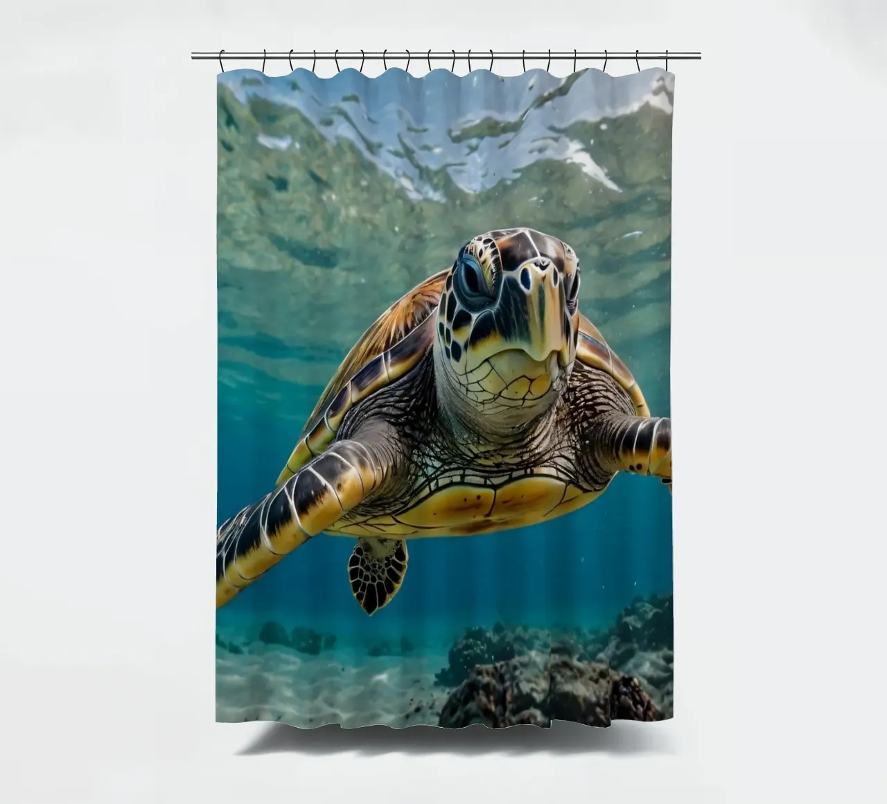 A sea turtle gliding gracefully through clear blue waters shower curtain by DesignDoodle