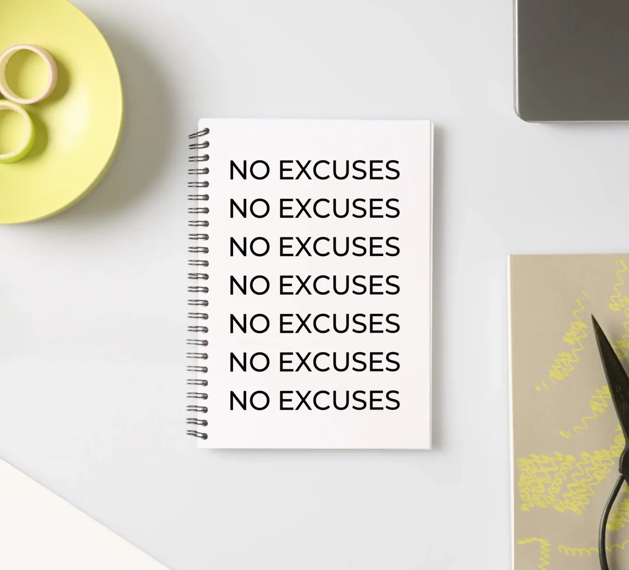 No excuses repeating text spiral notebook by Paigaam Studio