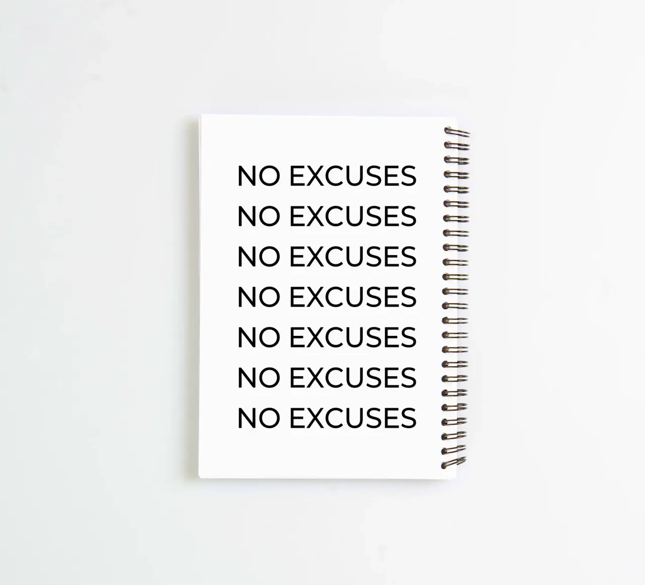 No excuses repeating text spiral notebook by Paigaam Studio
