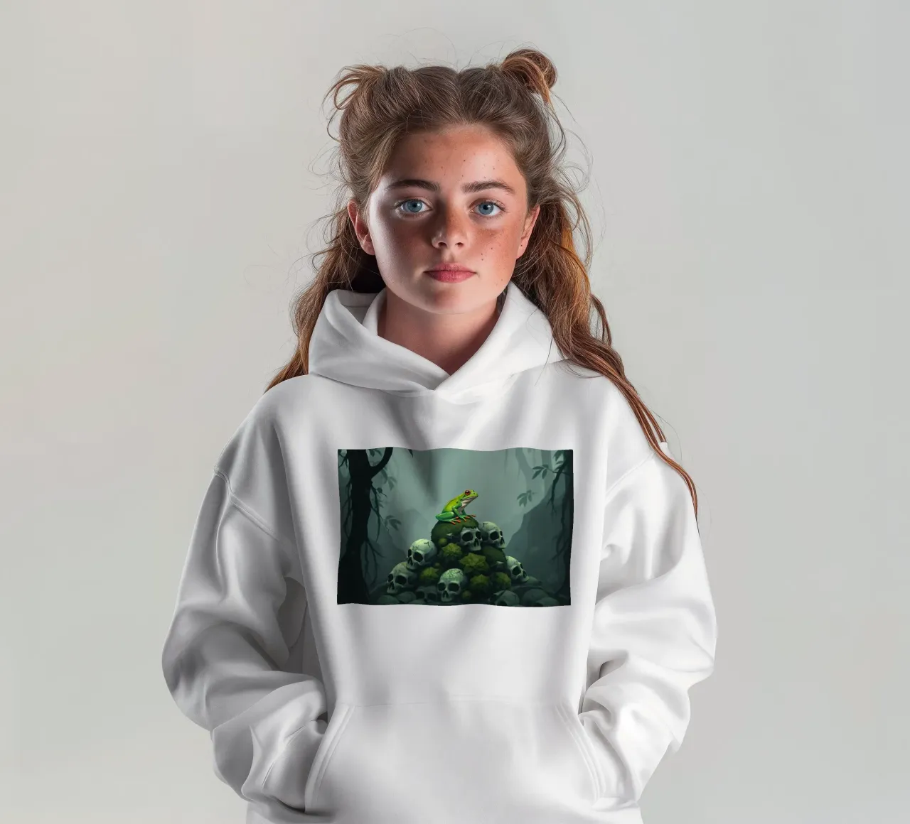 una rana verde siede in cima a un cumulo di teschi circondati dall'oscurità felpa bambino con cappuccio da DesignDoodle