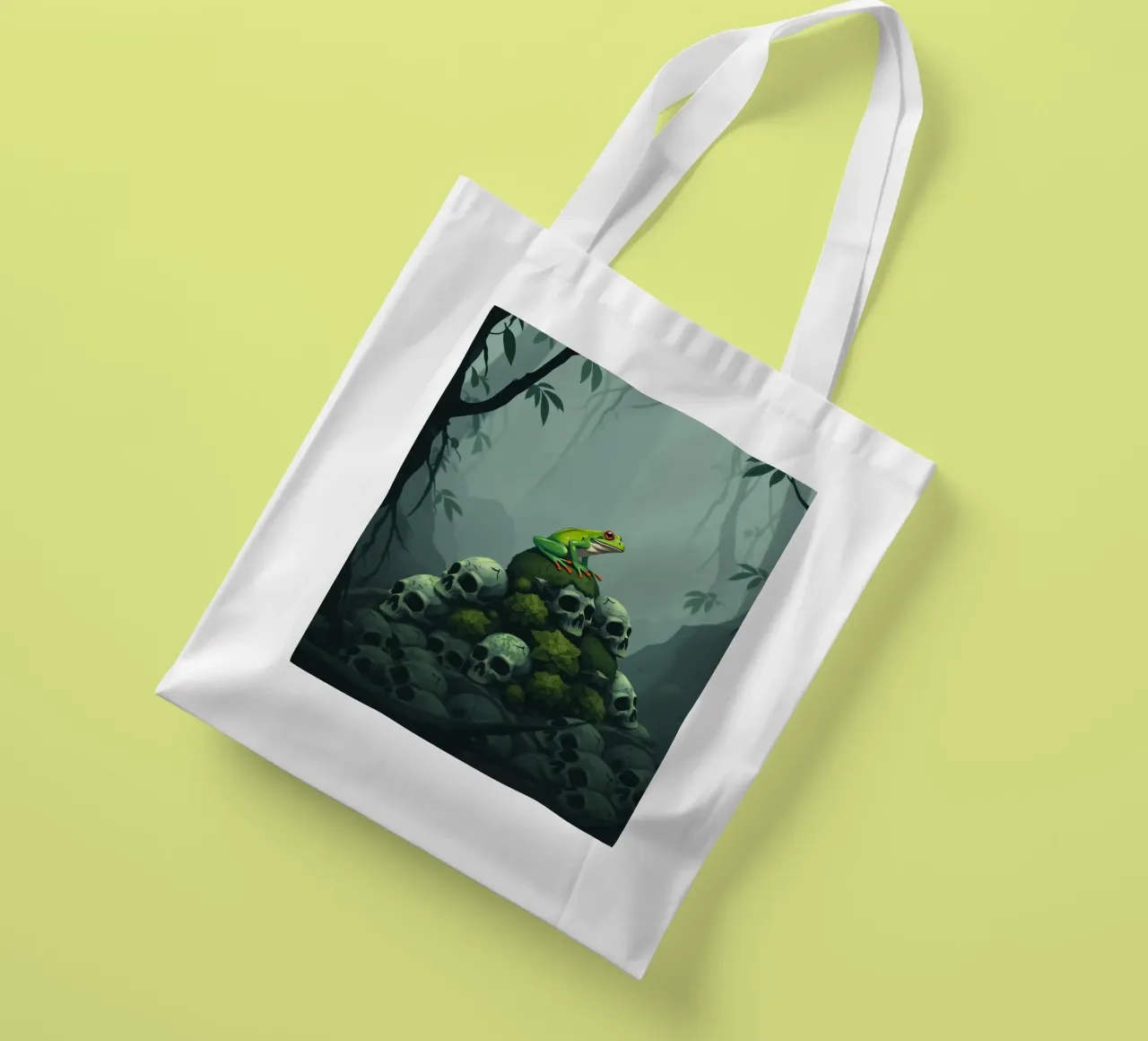 una rana verde siede in cima a un cumulo di teschi circondati dall'oscurità borsa in juta da DesignDoodle