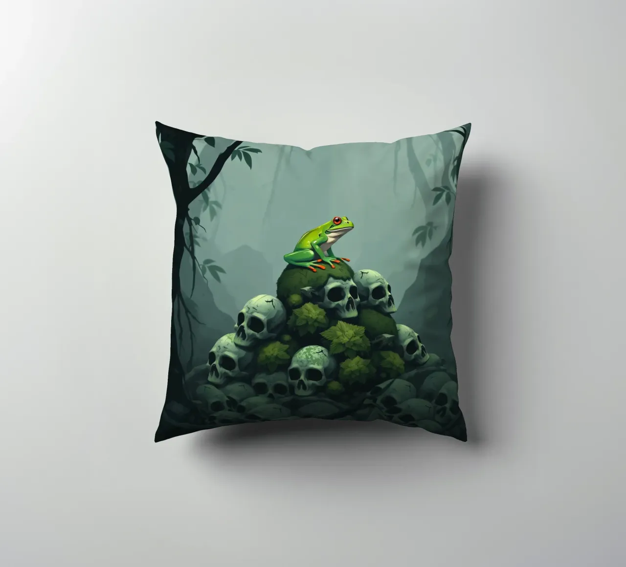 una rana verde siede in cima a un cumulo di teschi circondati dall'oscurità cuscino da DesignDoodle