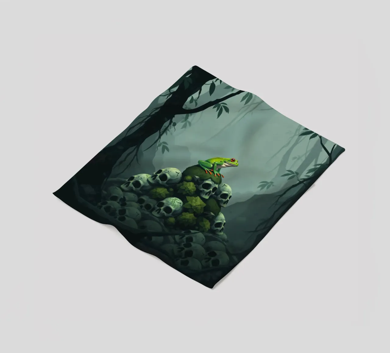 una rana verde siede in cima a un cumulo di teschi circondati dall'oscurità coperta in pile da DesignDoodle