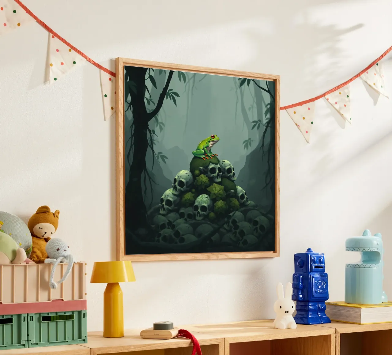 una rana verde siede in cima a un cumulo di teschi circondati dall'oscurità plexiglass da DesignDoodle
