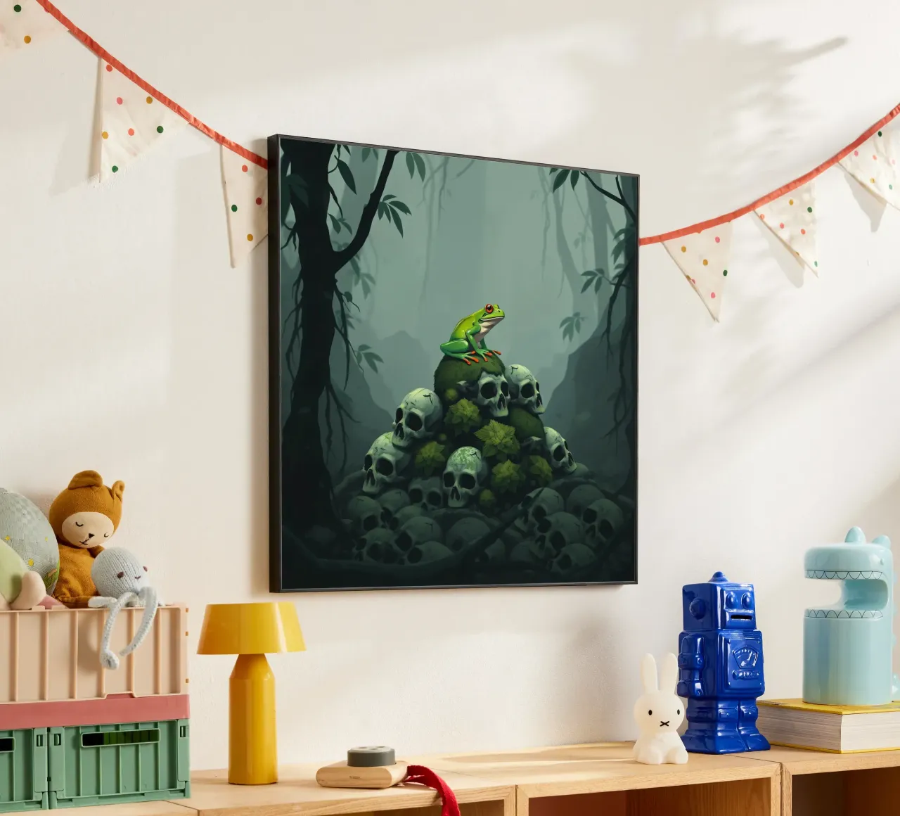 una rana verde siede in cima a un cumulo di teschi circondati dall'oscurità alluminio dibond da DesignDoodle