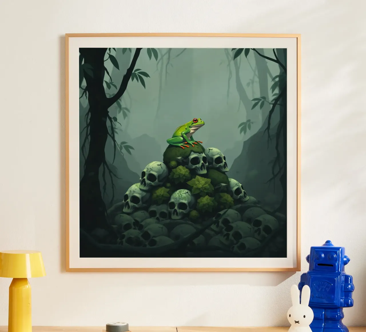una rana verde siede in cima a un cumulo di teschi circondati dall'oscurità poster da DesignDoodle