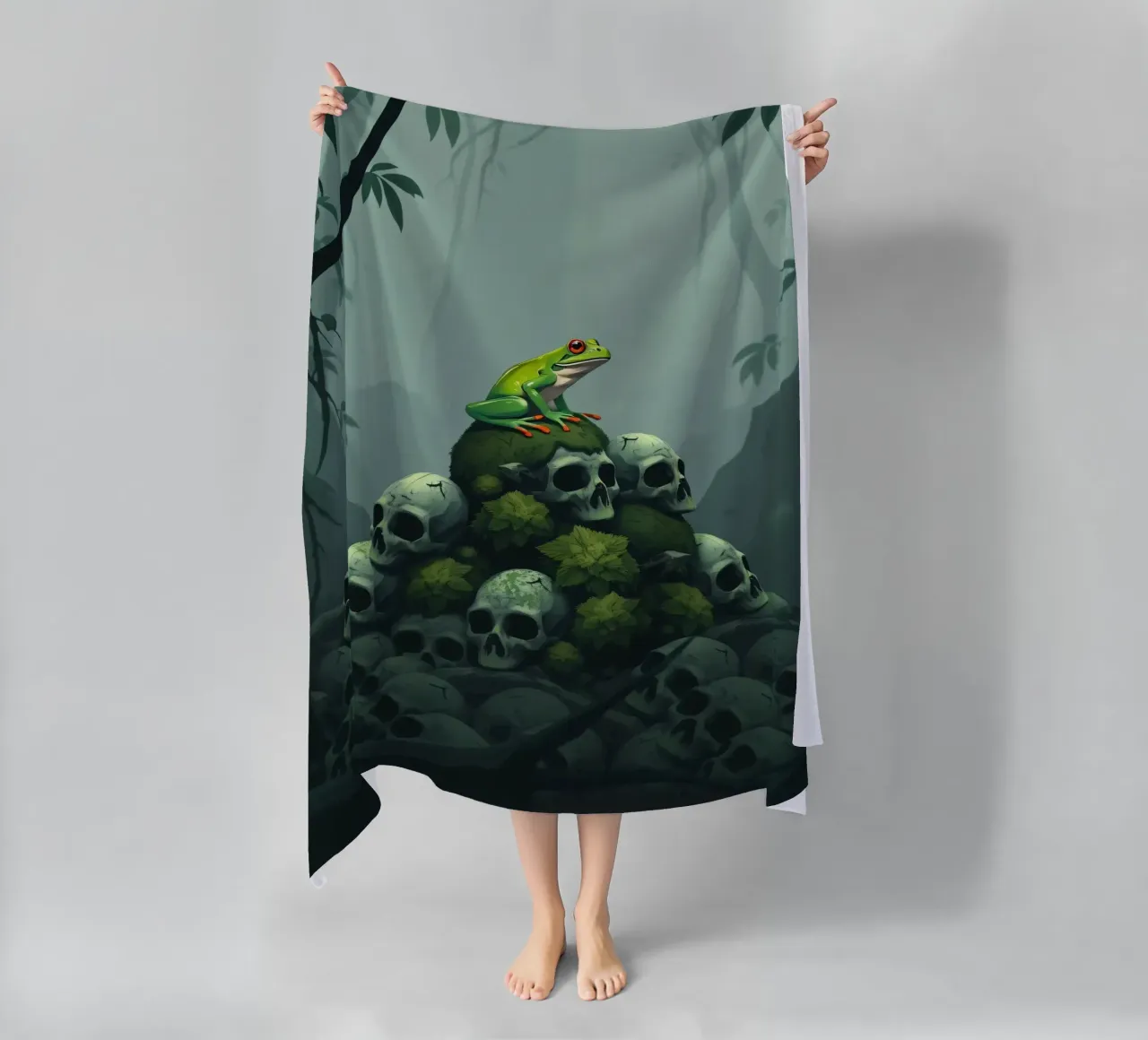 una rana verde siede in cima a un cumulo di teschi circondati dall'oscurità telo mare da DesignDoodle
