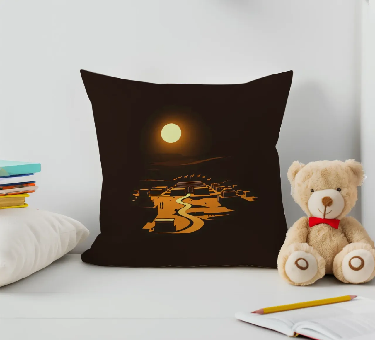 Un tramonto mette in risalto un tranquillo villaggio con sentieri tortuosi cuscino da DesignDoodle